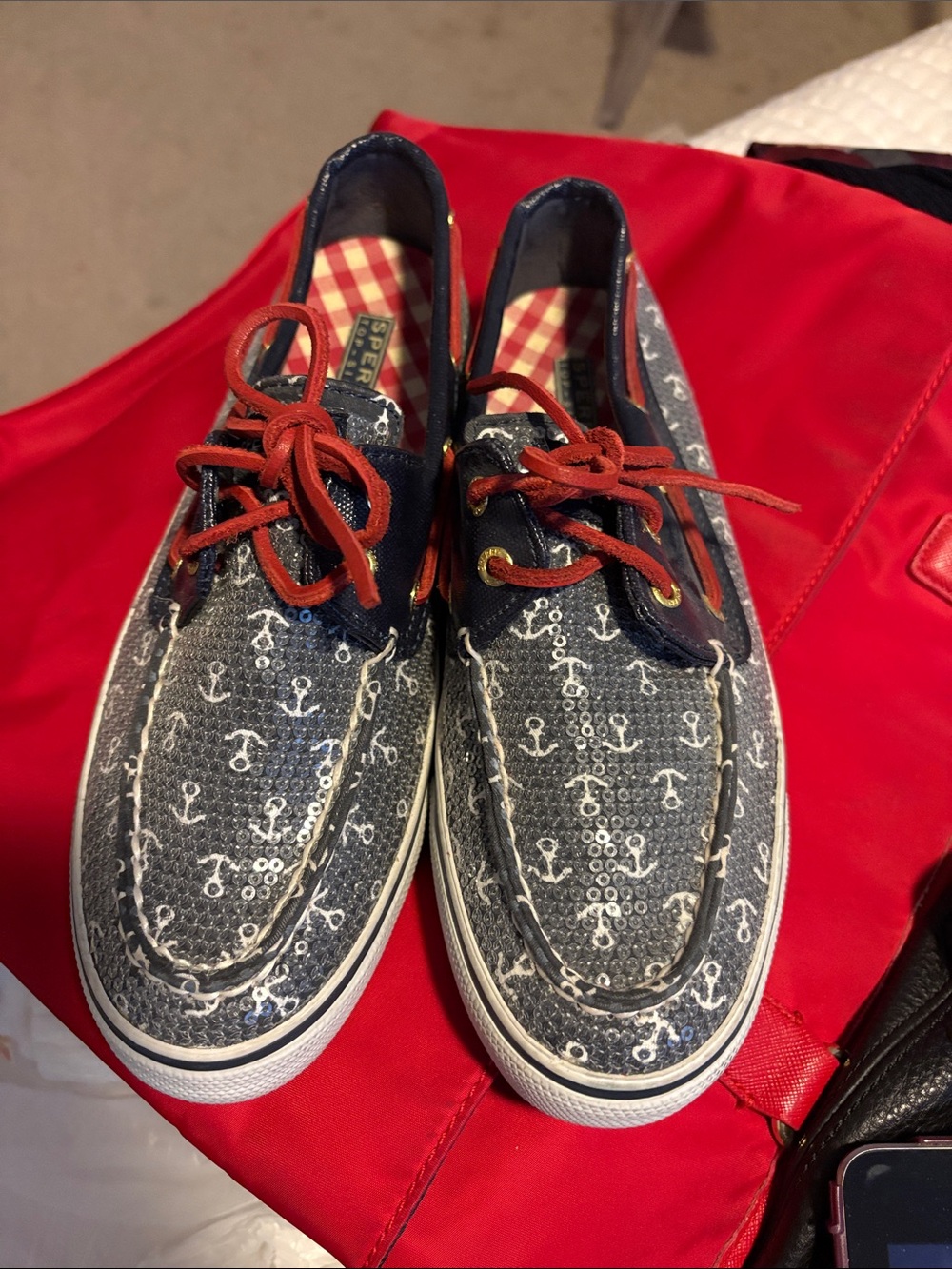 Sperry Navy Anchor-Print Boat Shoes with Red Laces
